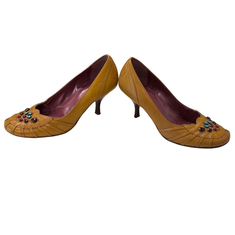 Bronx Mustard Yellow Leather Beaded Kitten Heel Pumps 10M Made in Brazil‎